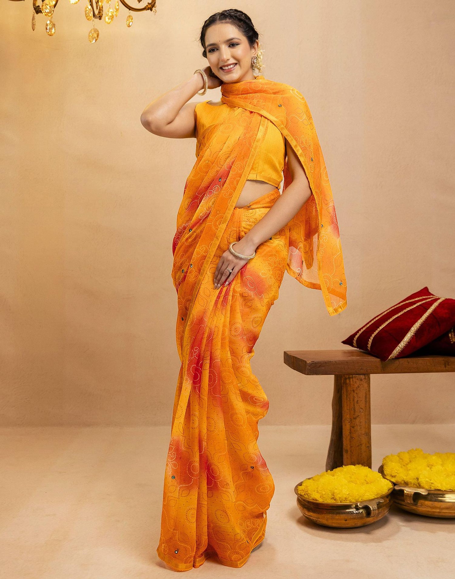 Yellow Chiffon Mirror Work Bandhani Printed Saree