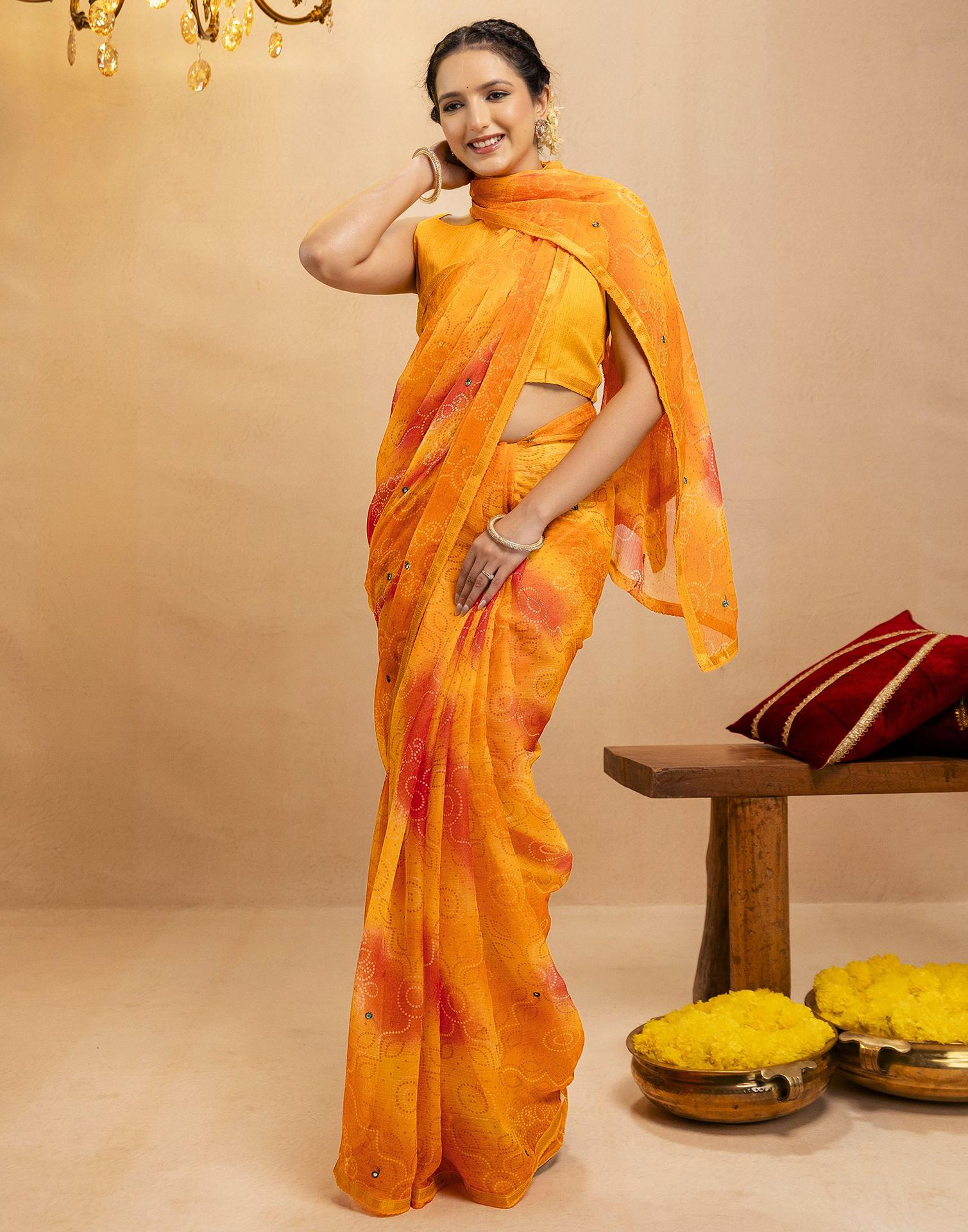 Yellow Chiffon Mirror Work Bandhani Printed Saree
