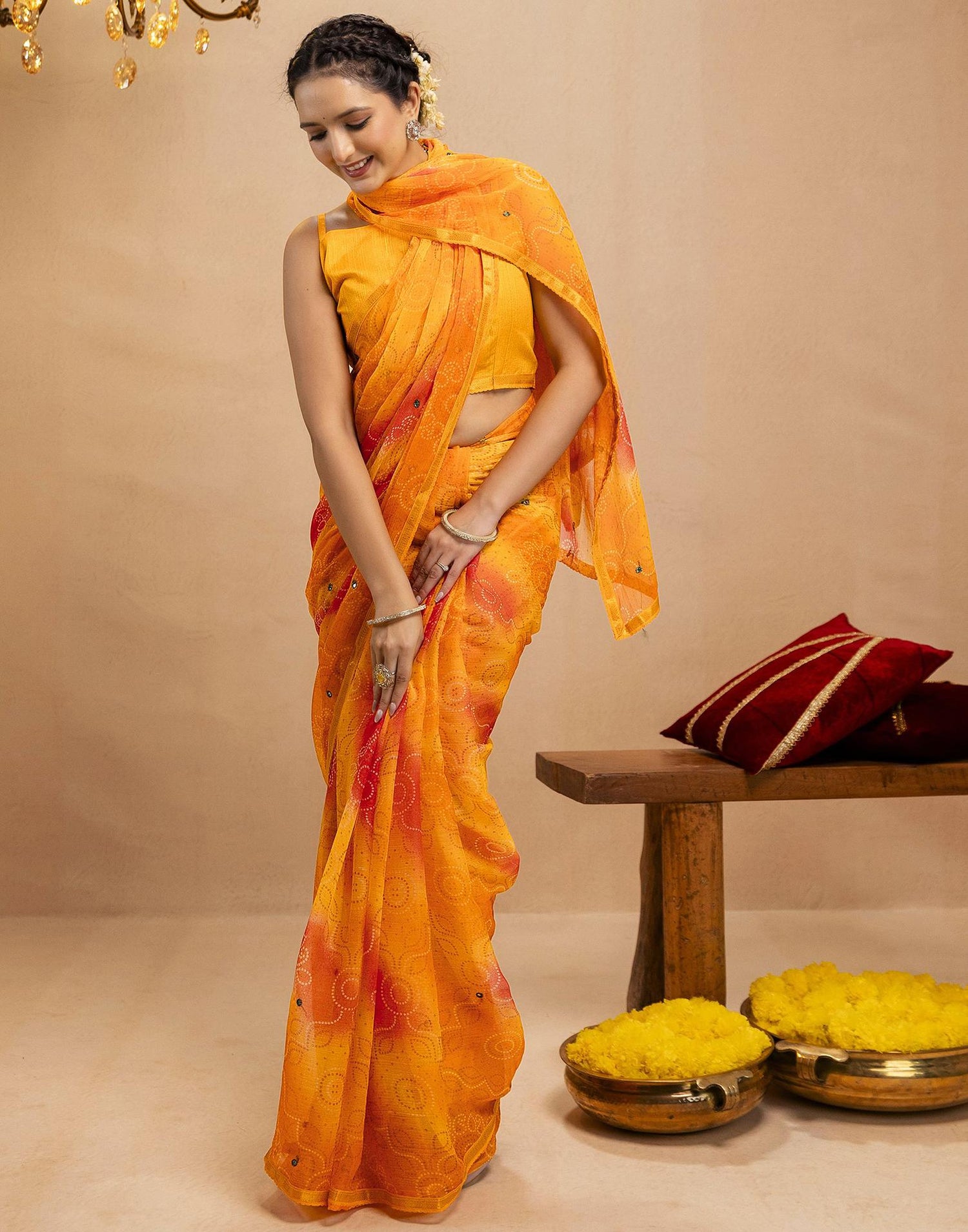 Yellow Chiffon Mirror Work Bandhani Printed Saree
