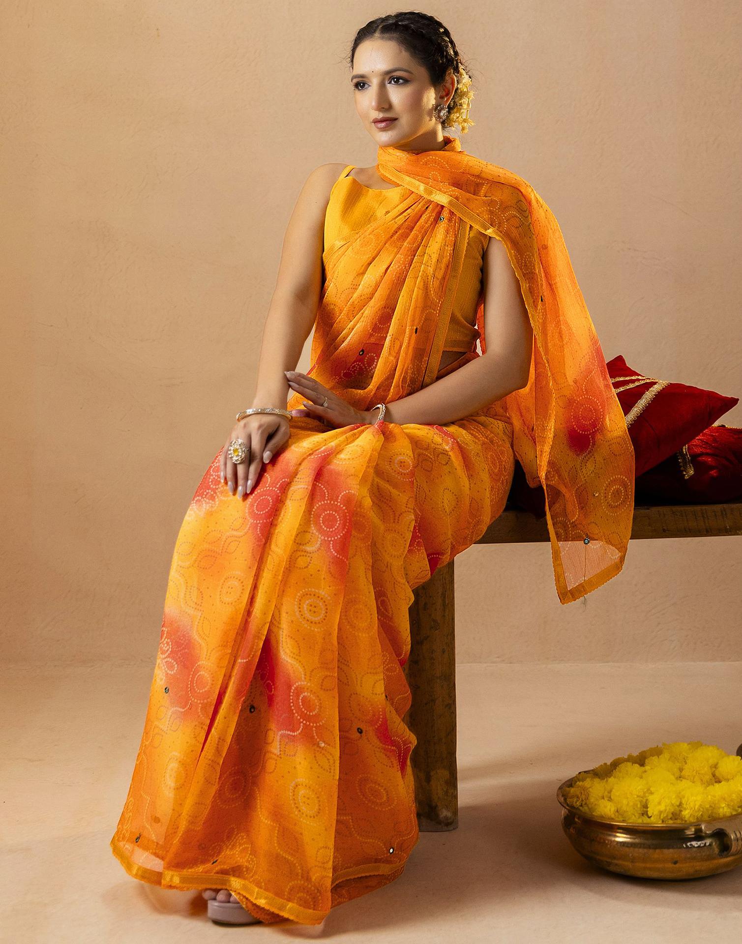 Yellow Chiffon Mirror Work Bandhani Printed Saree