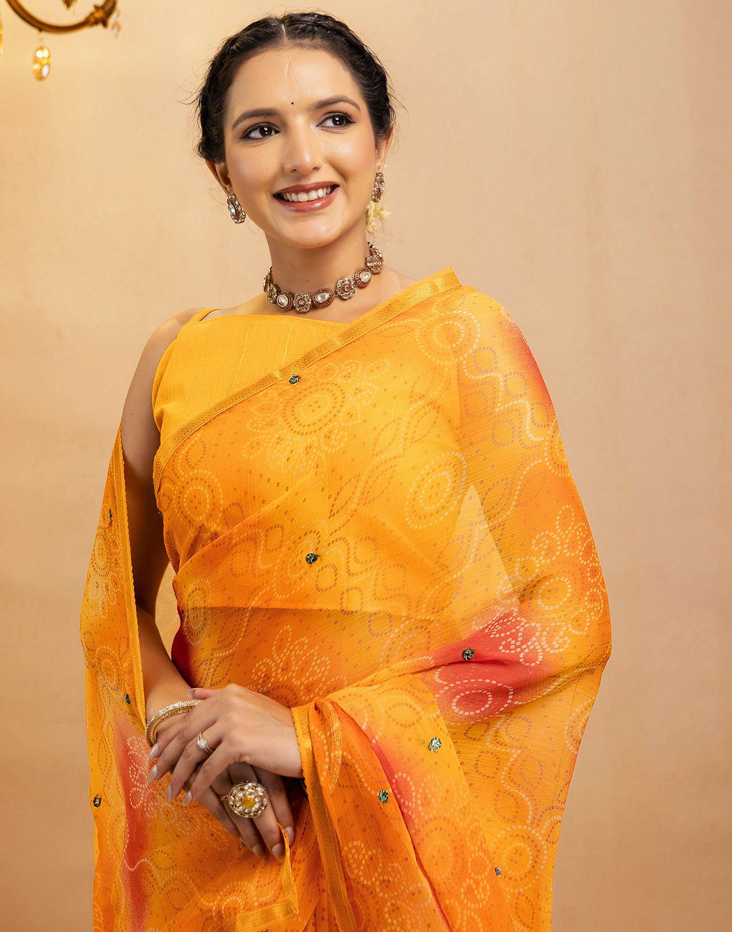 Yellow Chiffon Mirror Work Bandhani Printed Saree