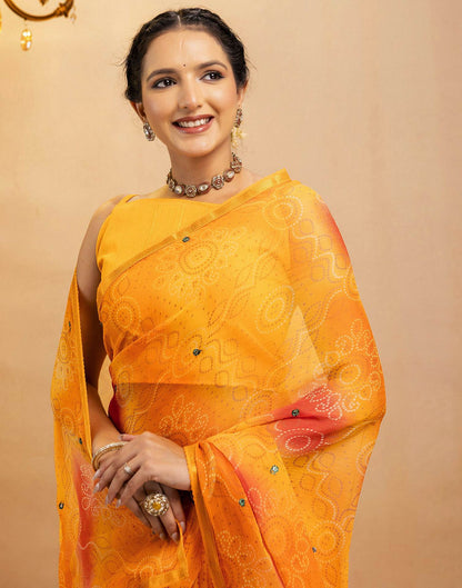 Yellow Chiffon Mirror Work Bandhani Printed Saree