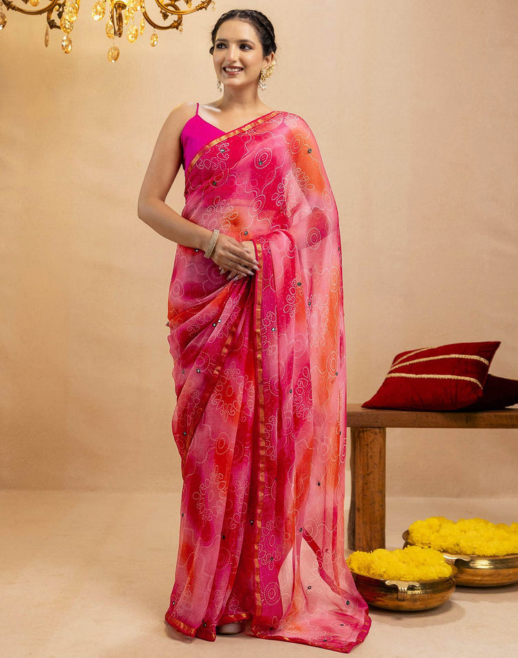 Pink Chiffon Mirror Work Bandhani Printed Saree