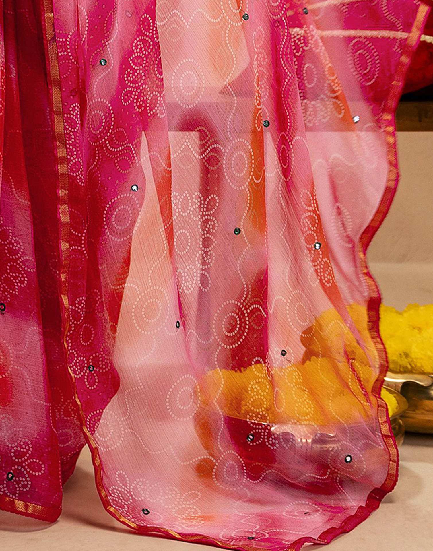 Pink Chiffon Mirror Work Bandhani Printed Saree