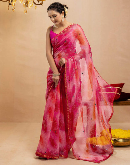Pink Chiffon Mirror Work Bandhani Printed Saree