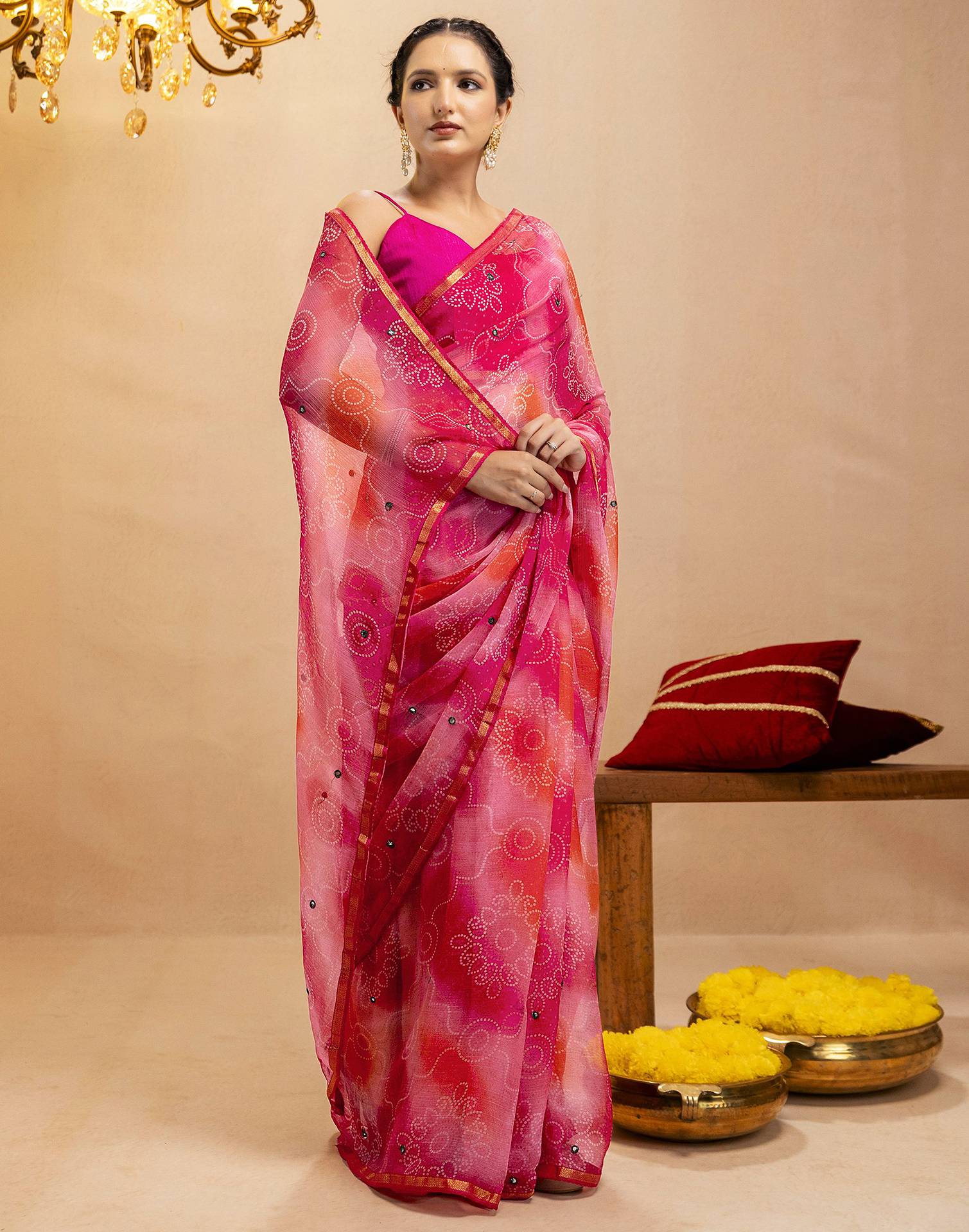 Pink Chiffon Mirror Work Bandhani Printed Saree