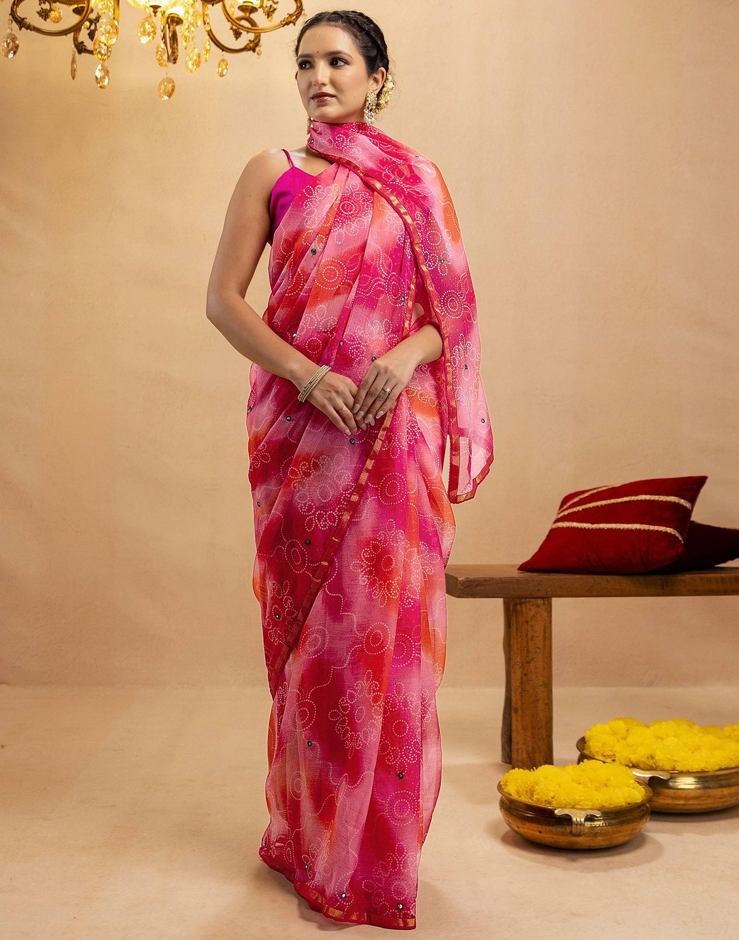 Pink Chiffon Mirror Work Bandhani Printed Saree