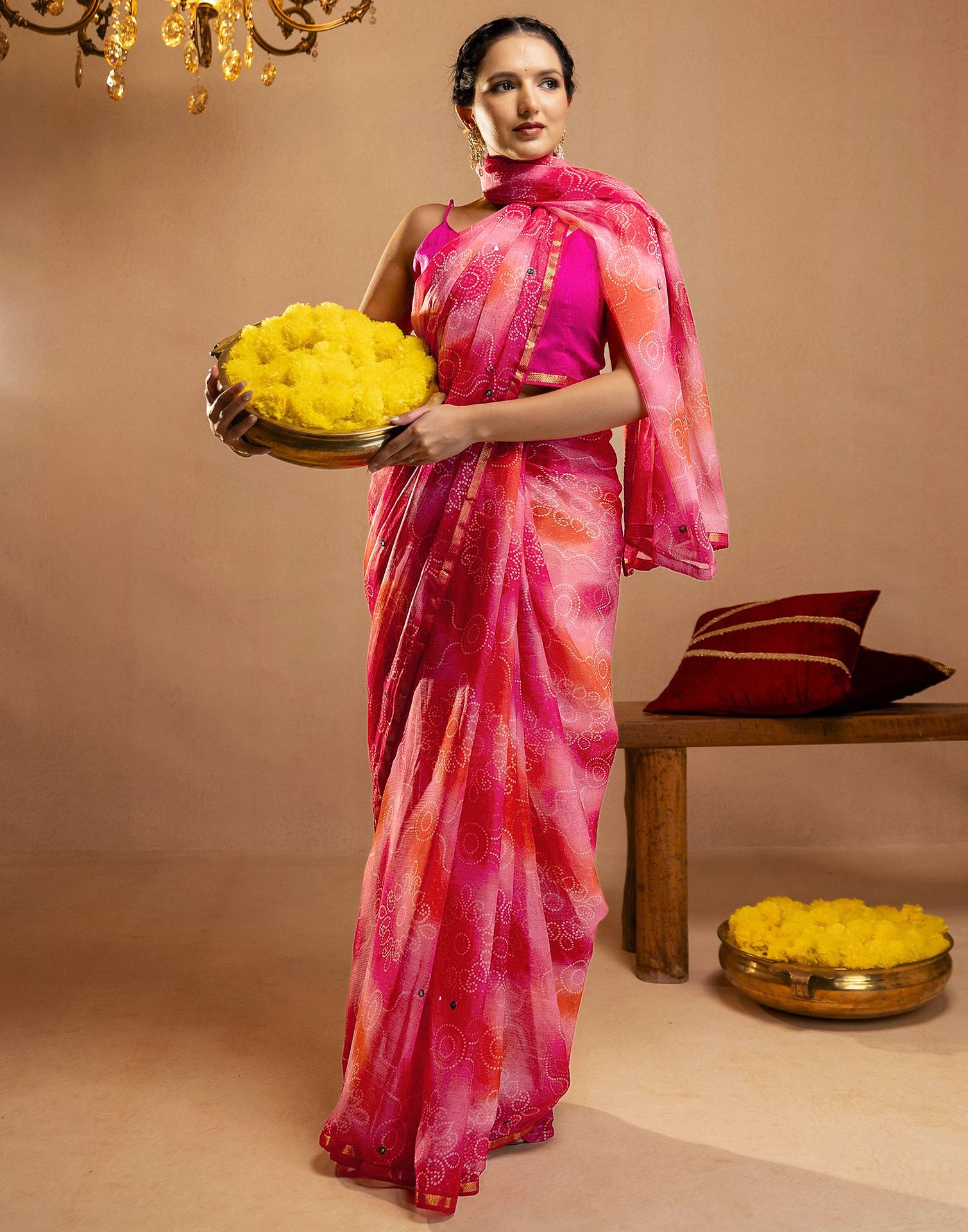 Pink Chiffon Mirror Work Bandhani Printed Saree