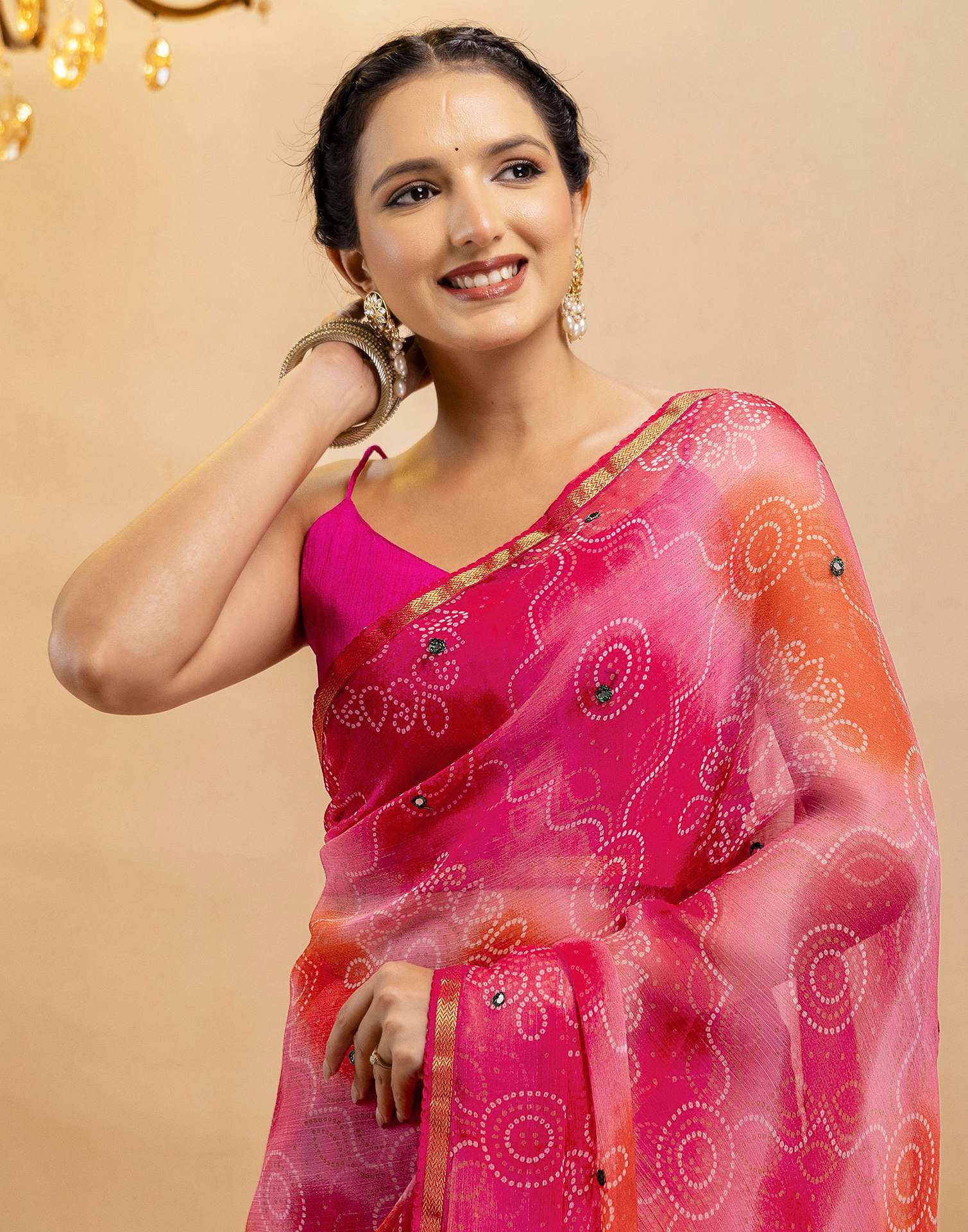 Pink Chiffon Mirror Work Bandhani Printed Saree