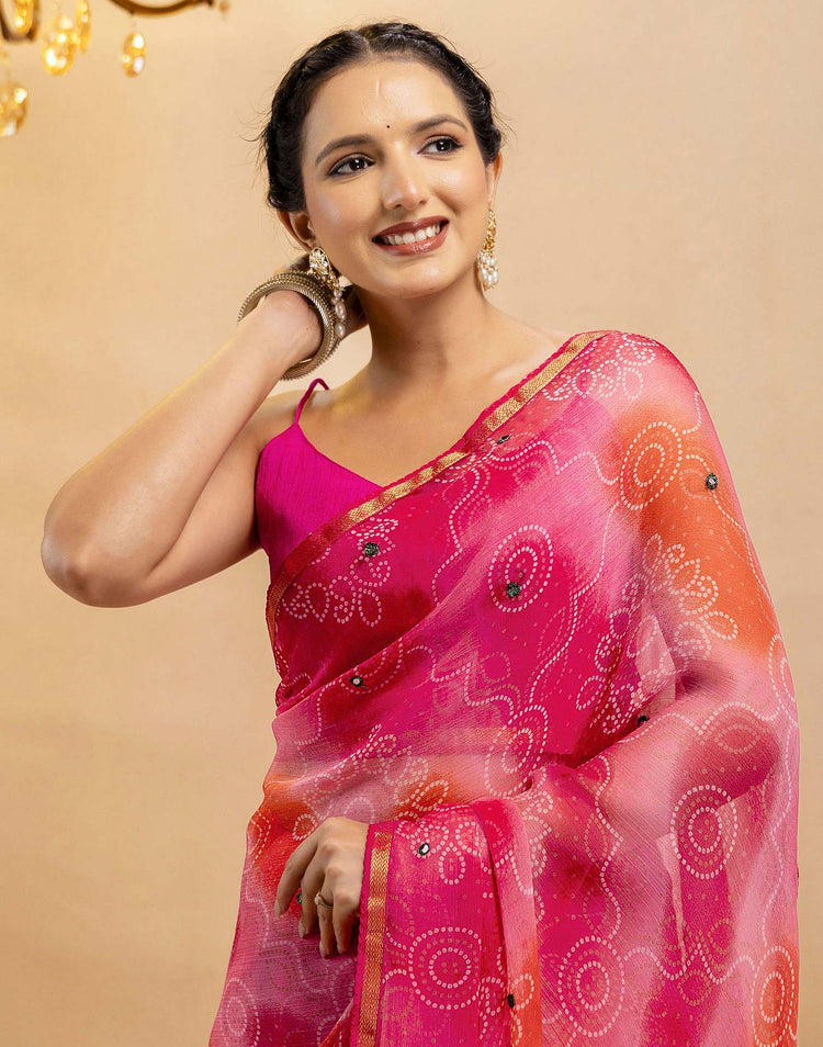 Pink Chiffon Mirror Work Bandhani Printed Saree