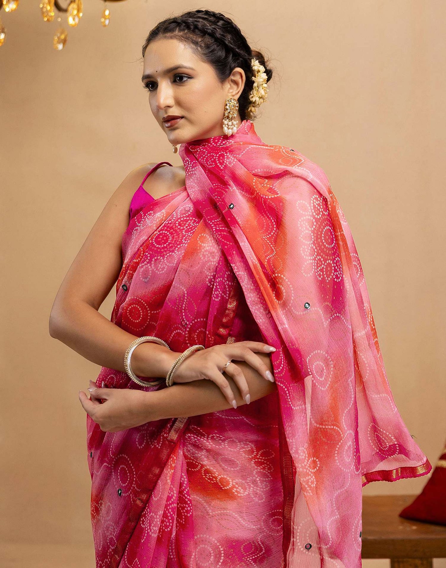 Pink Chiffon Mirror Work Bandhani Printed Saree