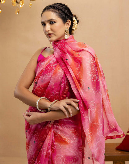 Pink Chiffon Mirror Work Bandhani Printed Saree