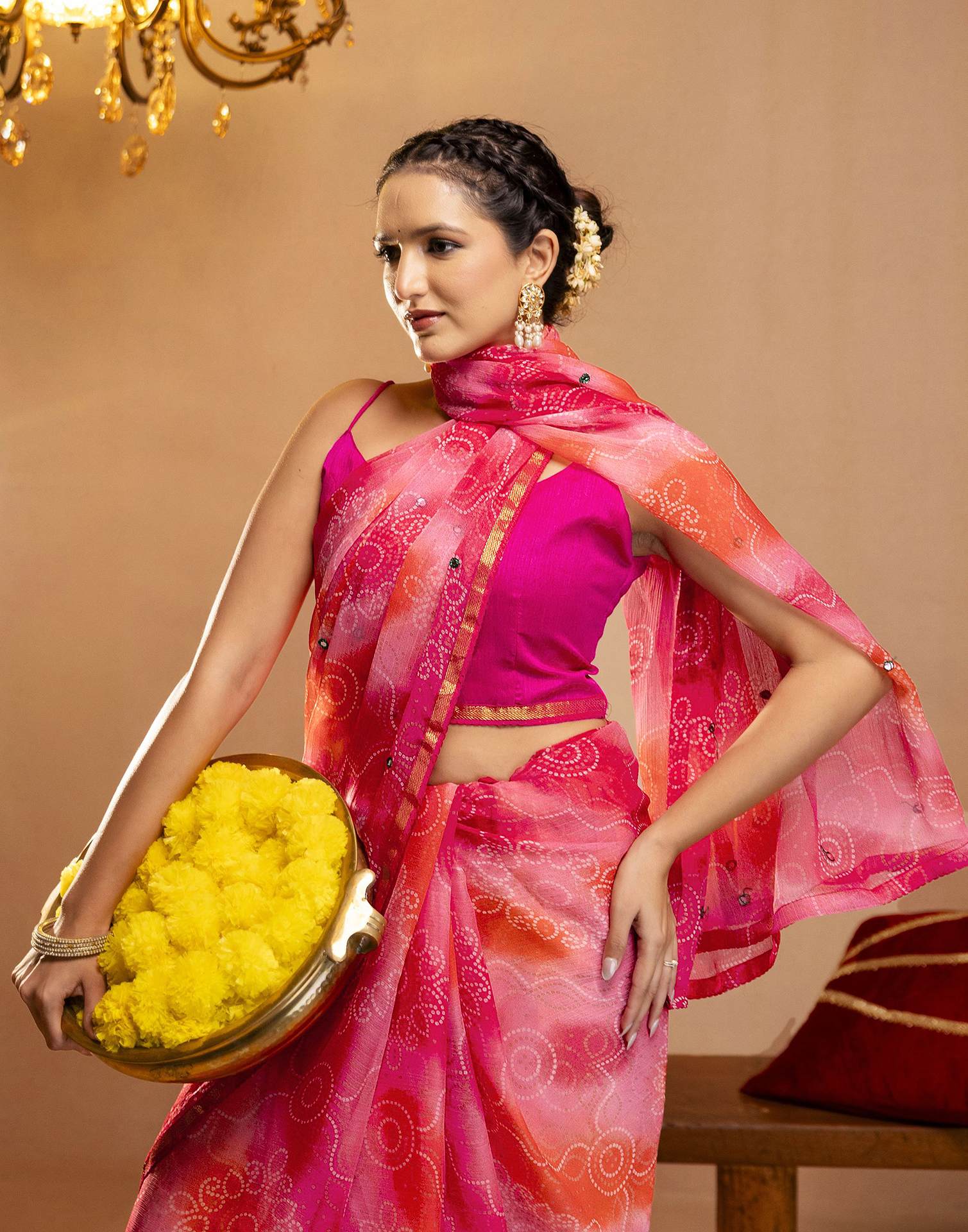 Pink Chiffon Mirror Work Bandhani Printed Saree