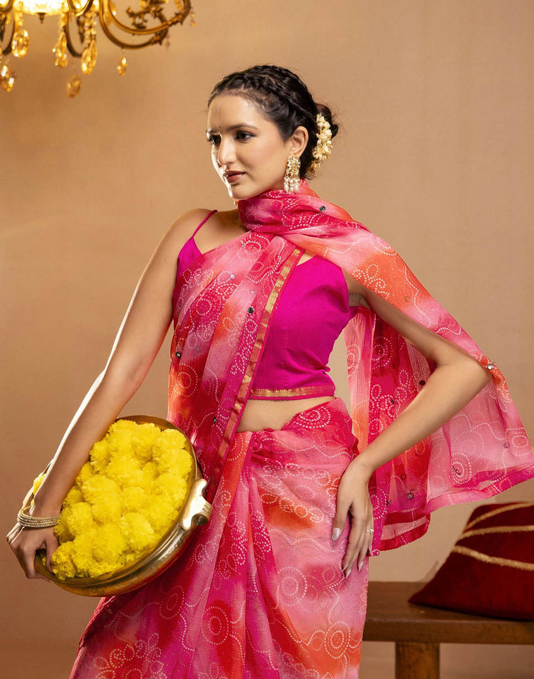 Pink Chiffon Mirror Work Bandhani Printed Saree