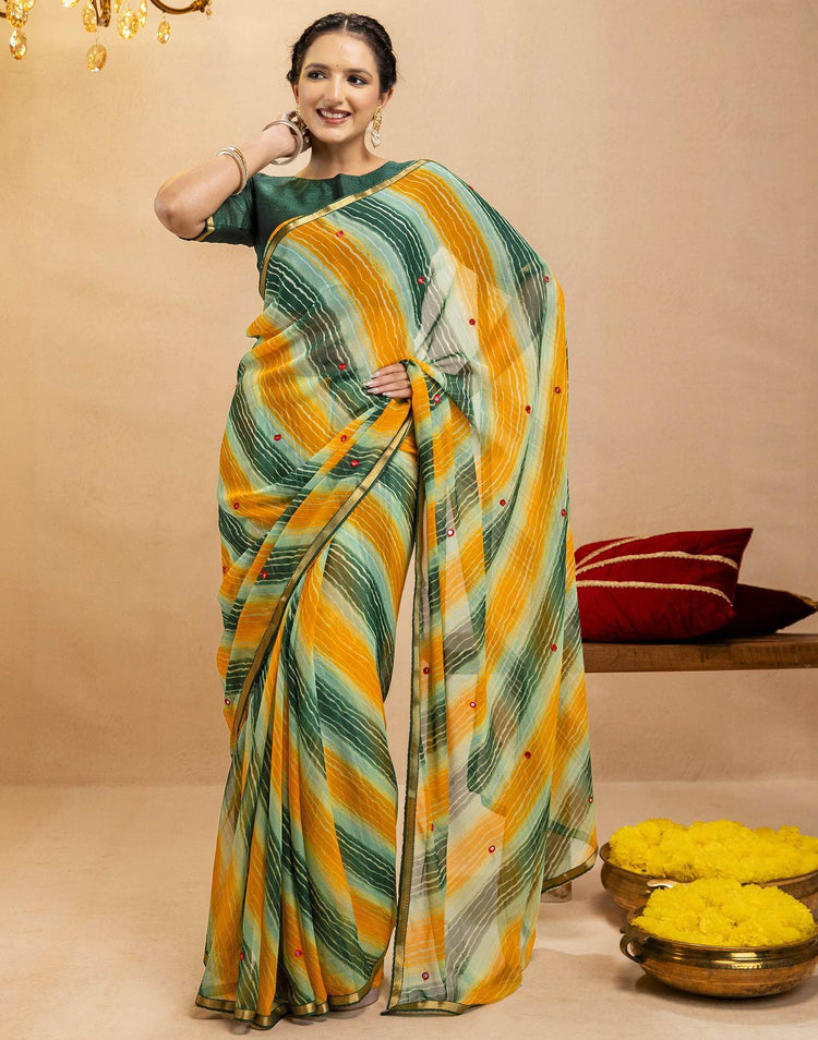 Dark Green Chiffon Mirror Work Laheria Printed Saree