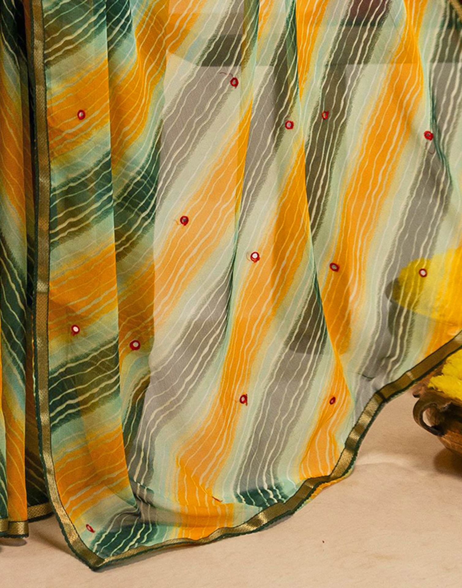 Dark Green Chiffon Mirror Work Laheria Printed Saree