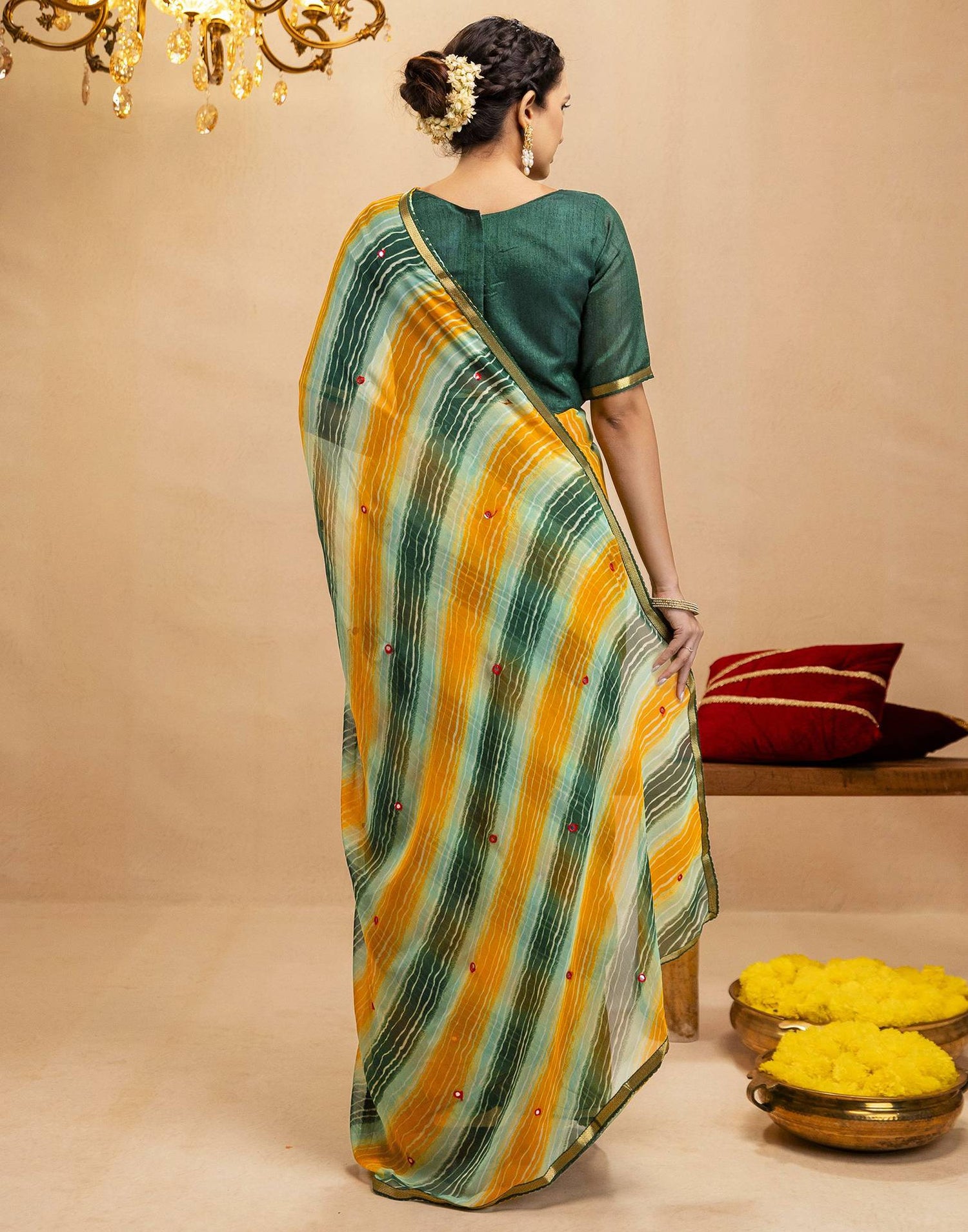 Dark Green Chiffon Mirror Work Laheria Printed Saree