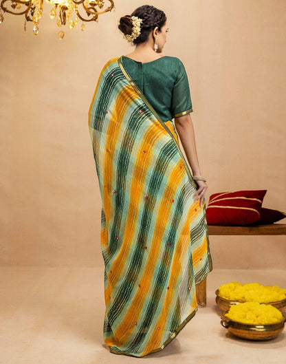Dark Green Chiffon Mirror Work Laheria Printed Saree
