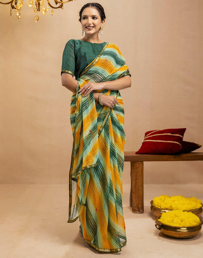 Dark Green Chiffon Mirror Work Laheria Printed Saree