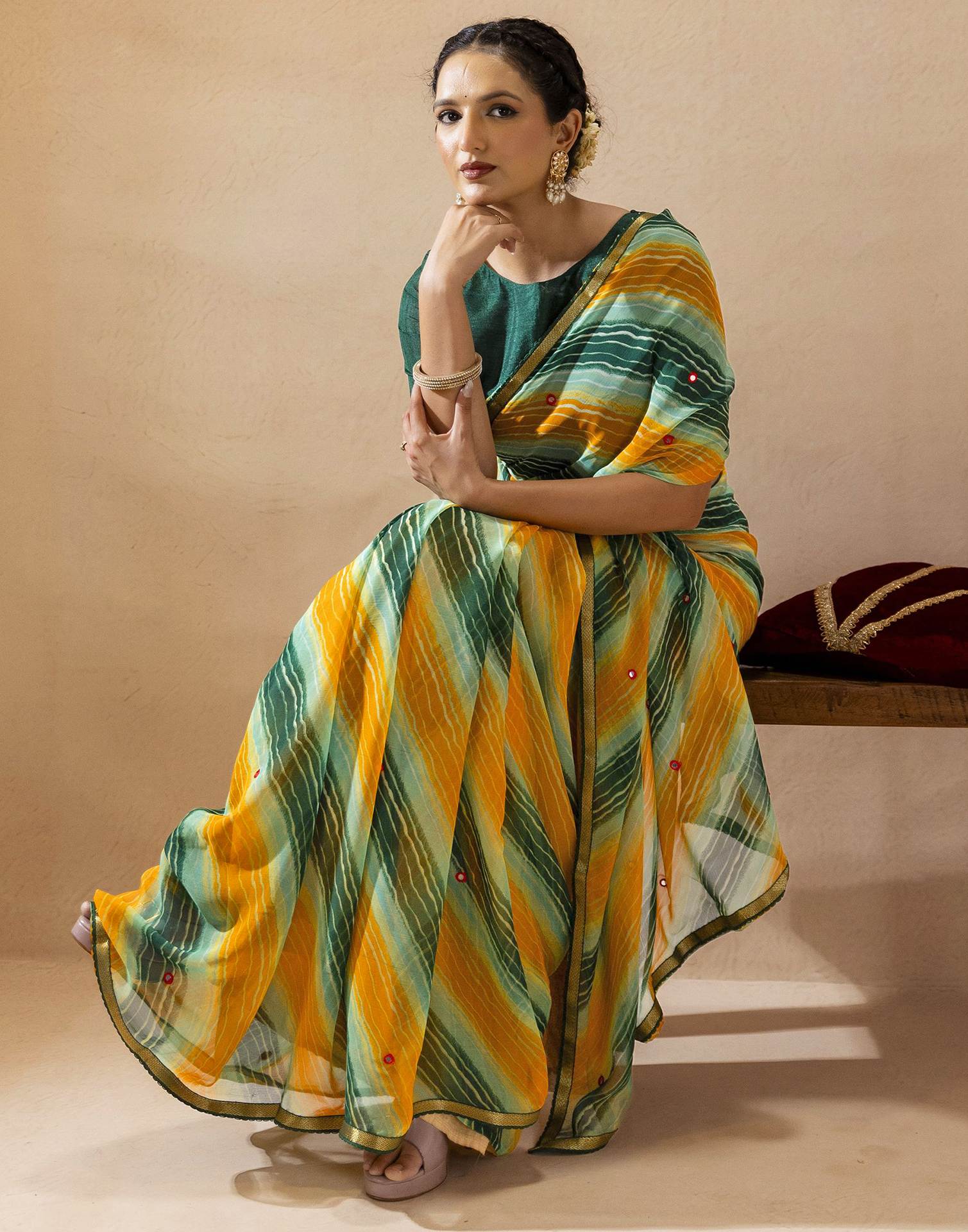 Dark Green Chiffon Mirror Work Laheria Printed Saree
