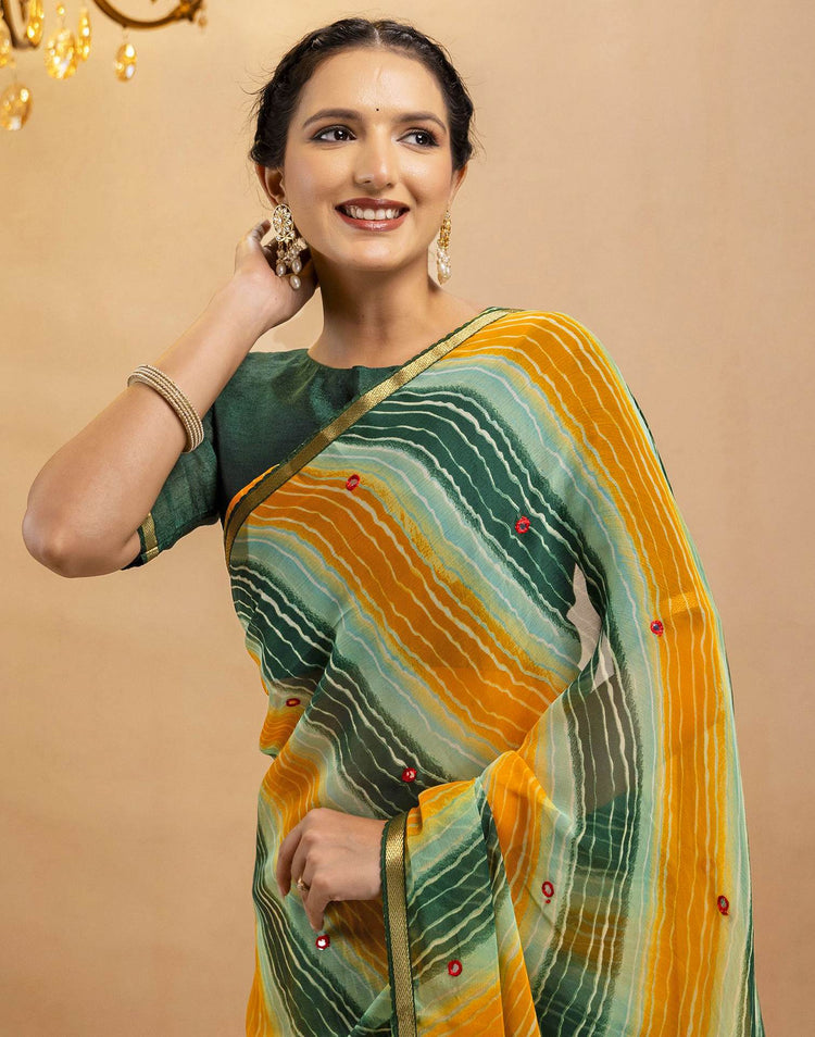 Dark Green Chiffon Mirror Work Laheria Printed Saree