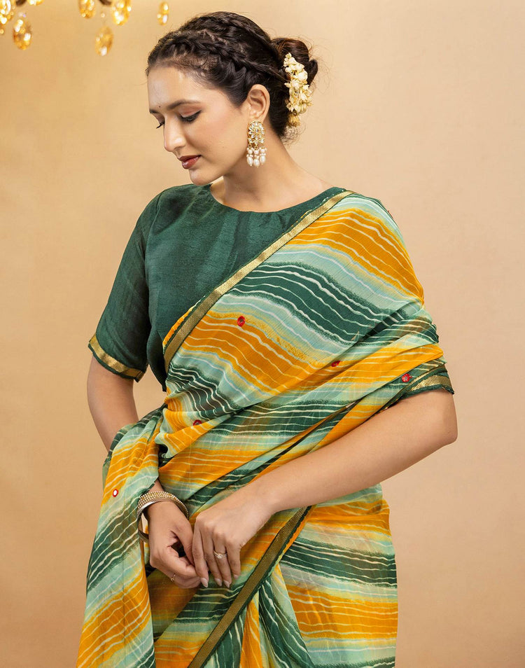 Dark Green Chiffon Mirror Work Laheria Printed Saree