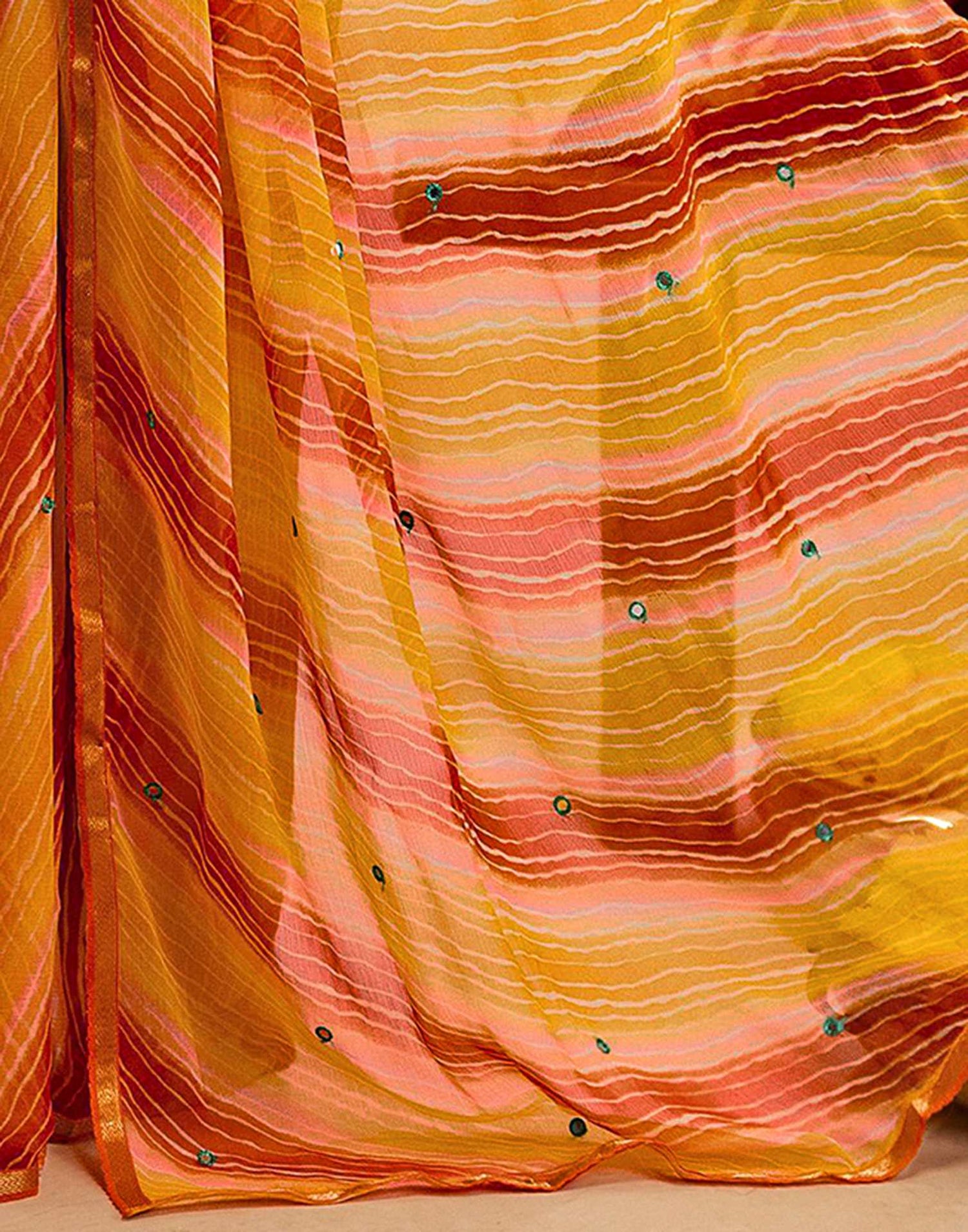 Orange Chiffon Mirror Work Laheria Printed Saree