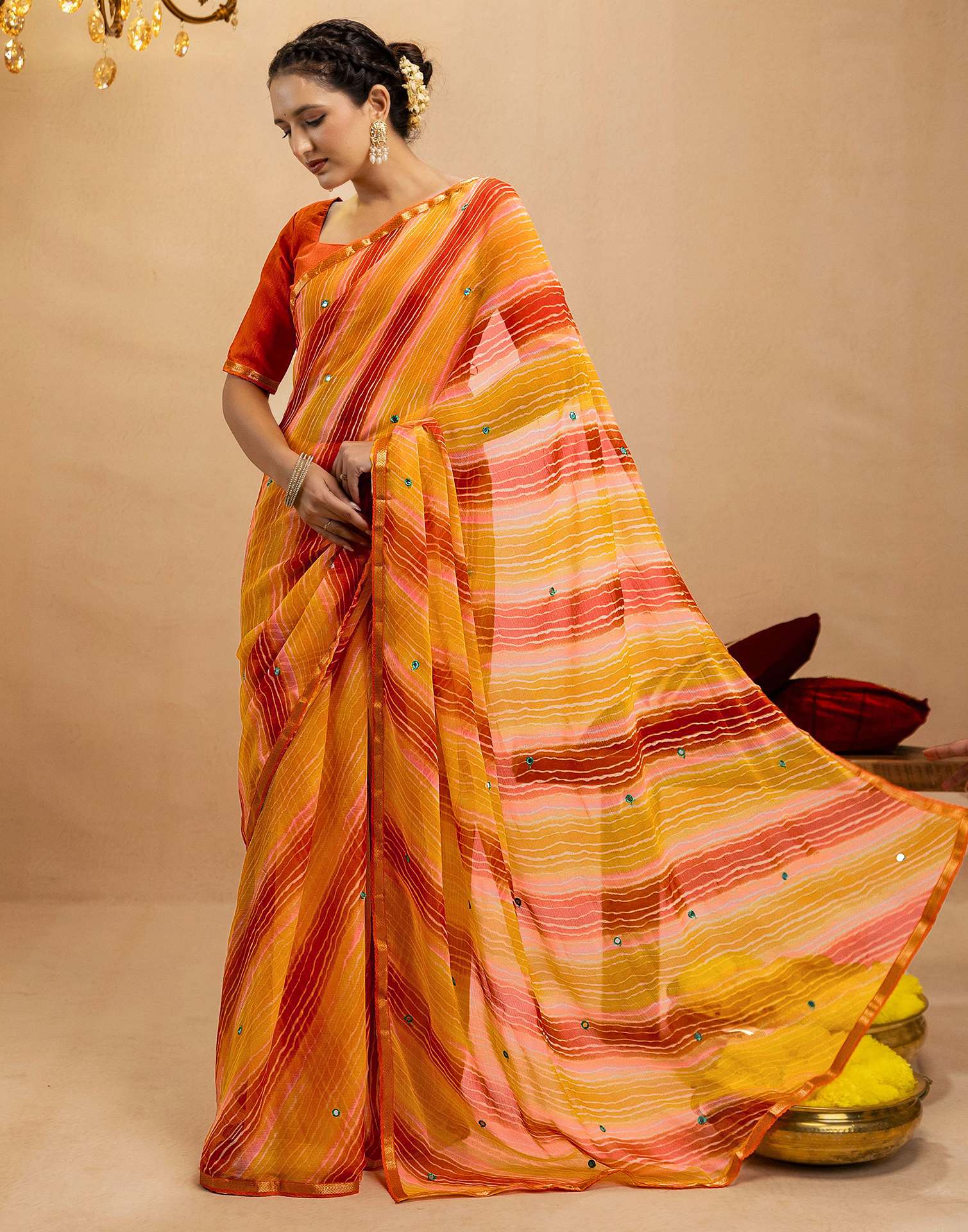 Orange Chiffon Mirror Work Laheria Printed Saree