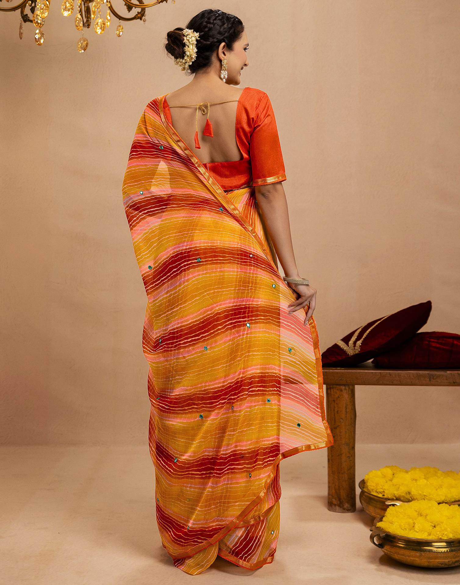 Orange Chiffon Mirror Work Laheria Printed Saree