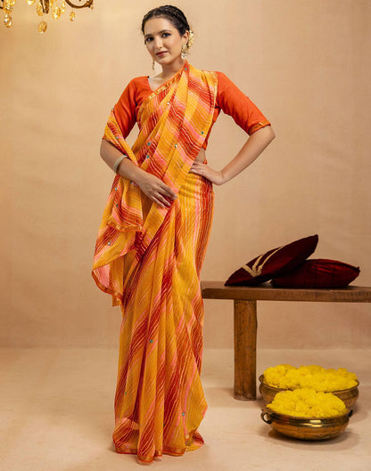 Orange Chiffon Mirror Work Laheria Printed Saree