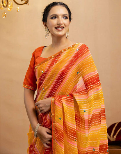 Orange Chiffon Mirror Work Laheria Printed Saree