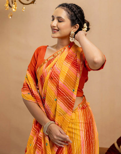 Orange Chiffon Mirror Work Laheria Printed Saree
