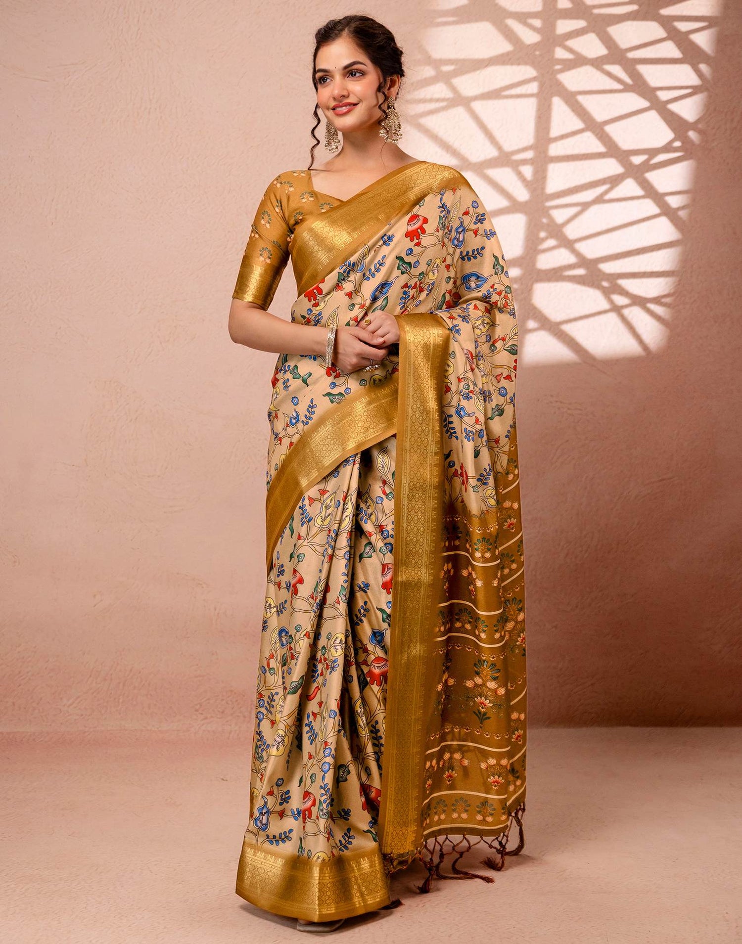 Dark Beige Silk Kalamkari Printed Woven Border Saree