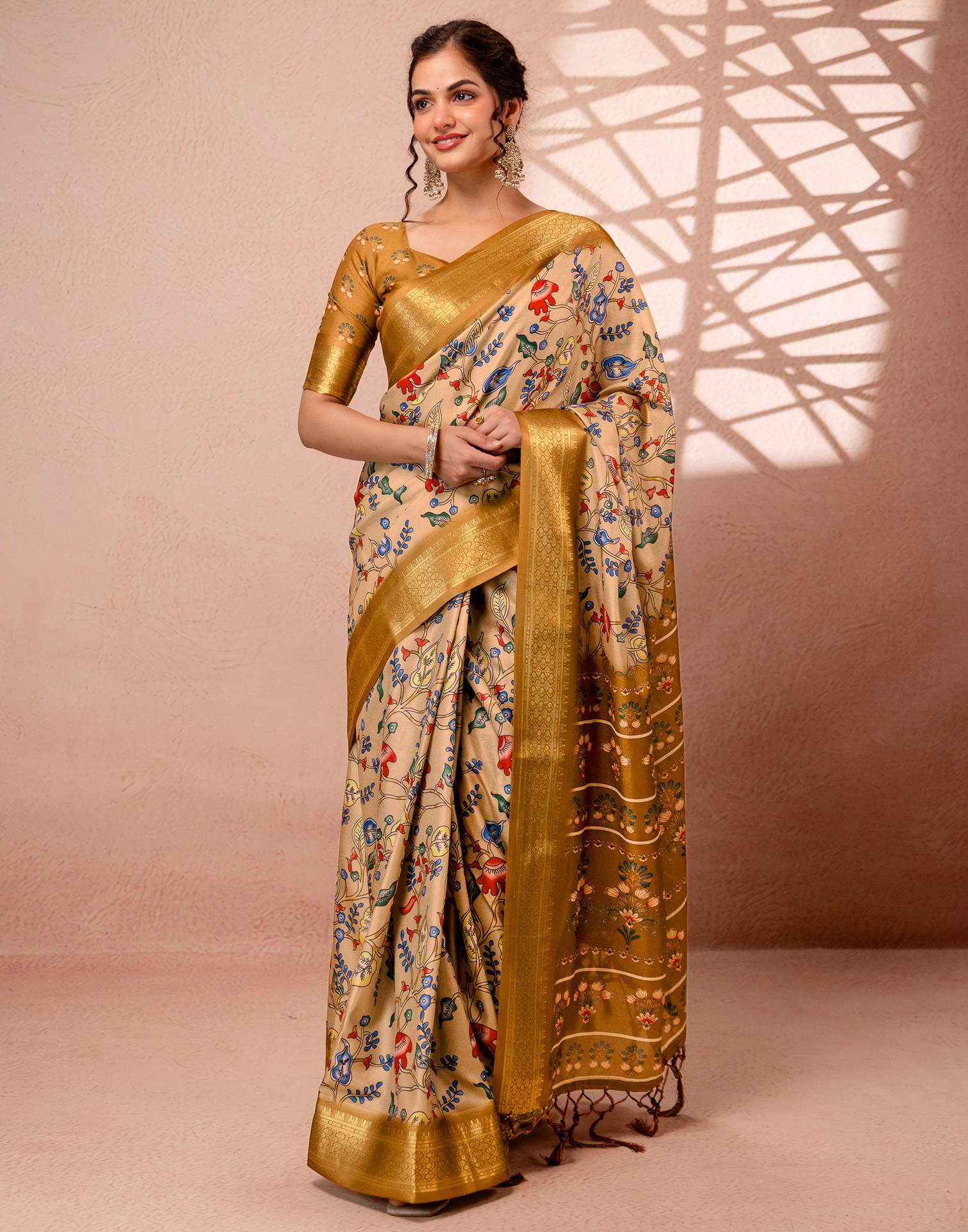 Dark Beige Silk Kalamkari Printed Woven Border Saree
