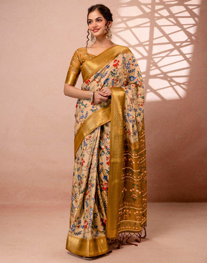 Dark Beige Silk Kalamkari Printed Woven Border Saree