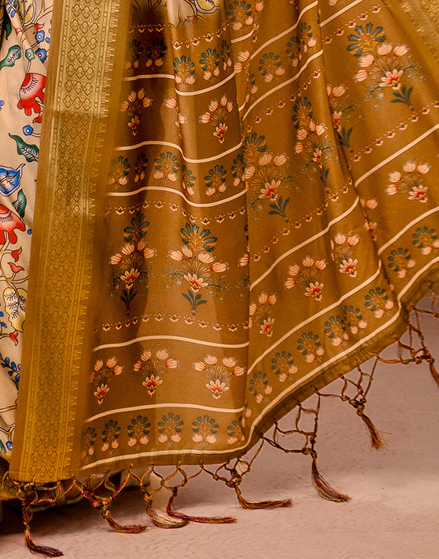Dark Beige Silk Kalamkari Printed Woven Border Saree