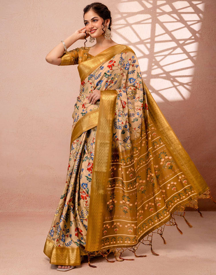 Dark Beige Silk Kalamkari Printed Woven Border Saree