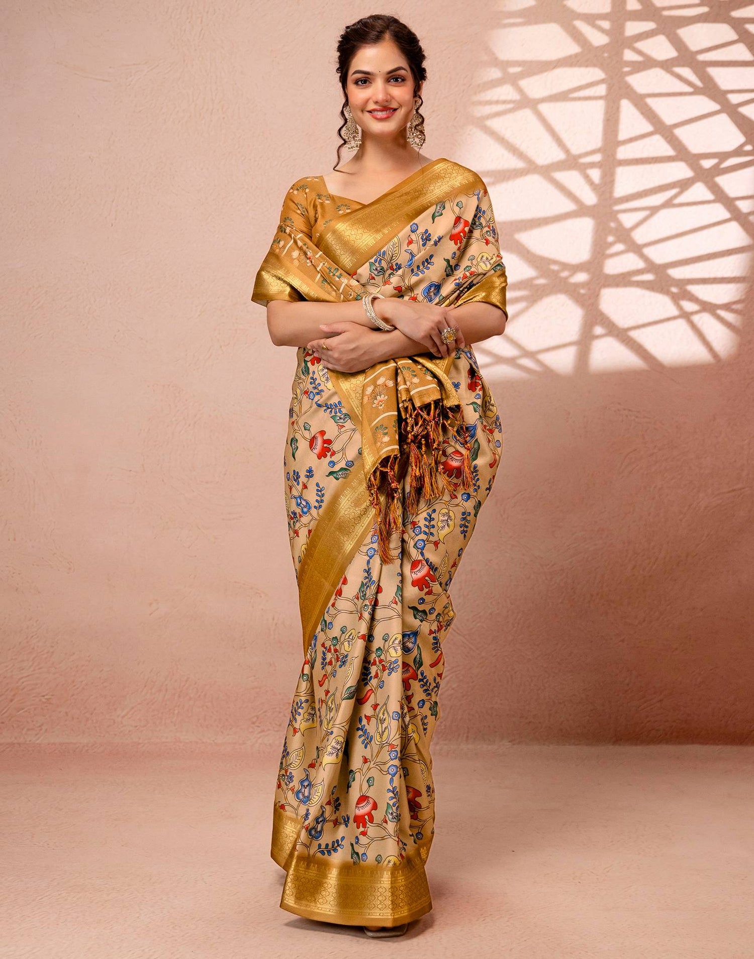Dark Beige Silk Kalamkari Printed Woven Border Saree