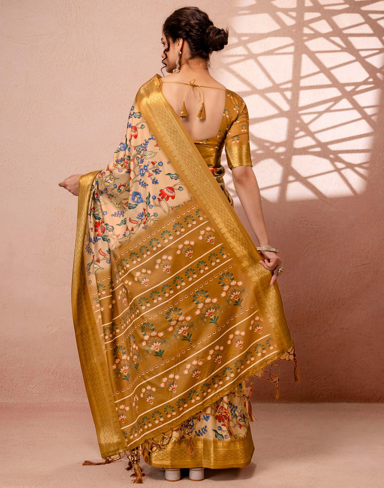 Dark Beige Silk Kalamkari Printed Woven Border Saree