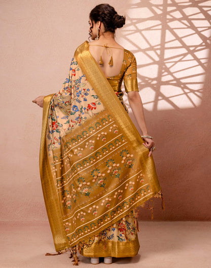 Dark Beige Silk Kalamkari Printed Woven Border Saree
