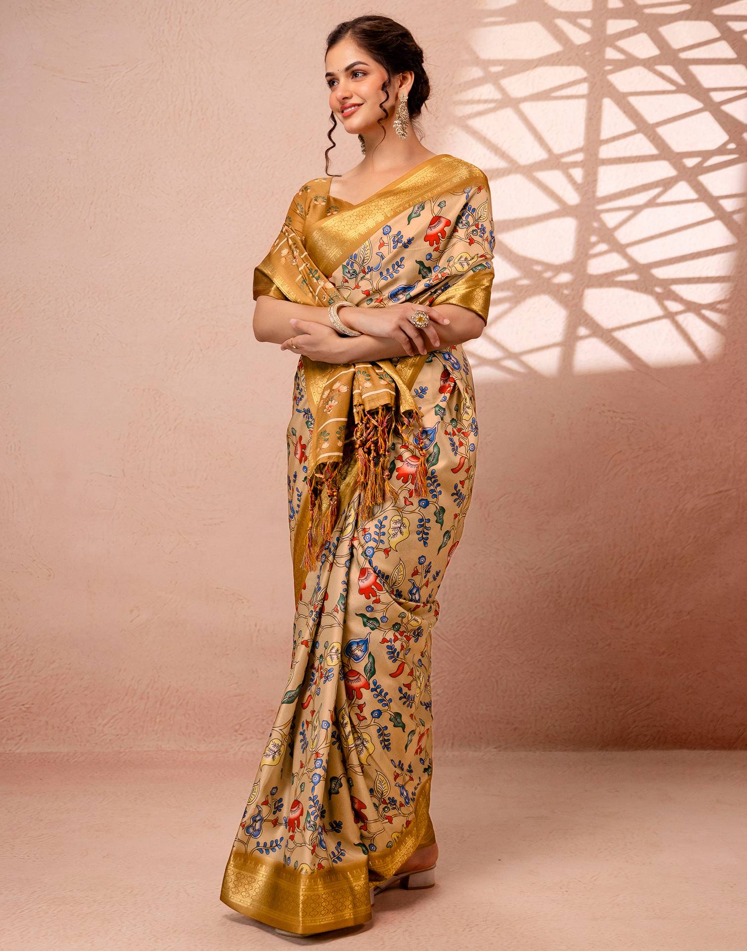 Dark Beige Silk Kalamkari Printed Woven Border Saree
