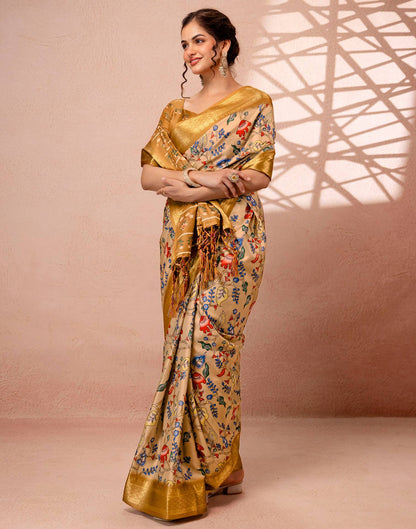 Dark Beige Silk Kalamkari Printed Woven Border Saree
