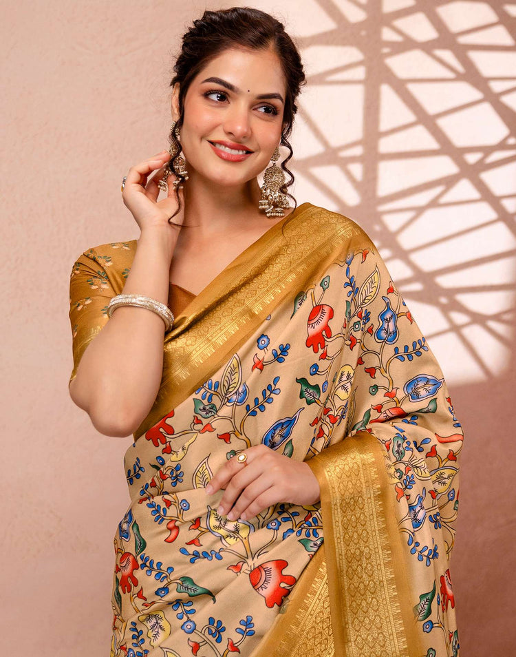 Dark Beige Silk Kalamkari Printed Woven Border Saree