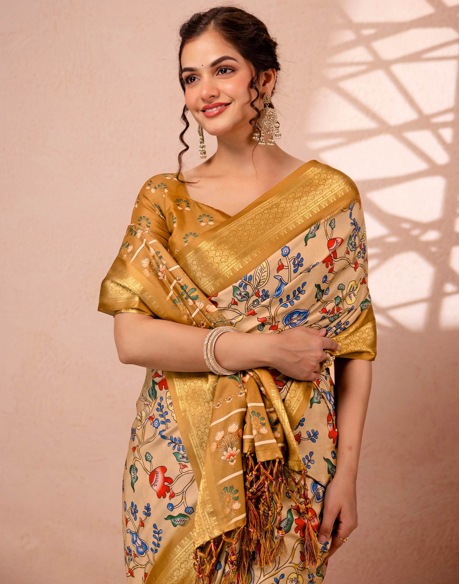 Dark Beige Silk Kalamkari Printed Woven Border Saree