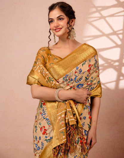 Dark Beige Silk Kalamkari Printed Woven Border Saree
