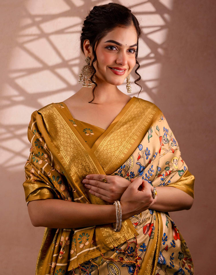 Dark Beige Silk Kalamkari Printed Woven Border Saree