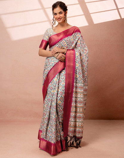 Off White Silk Printed Woven Border Saree