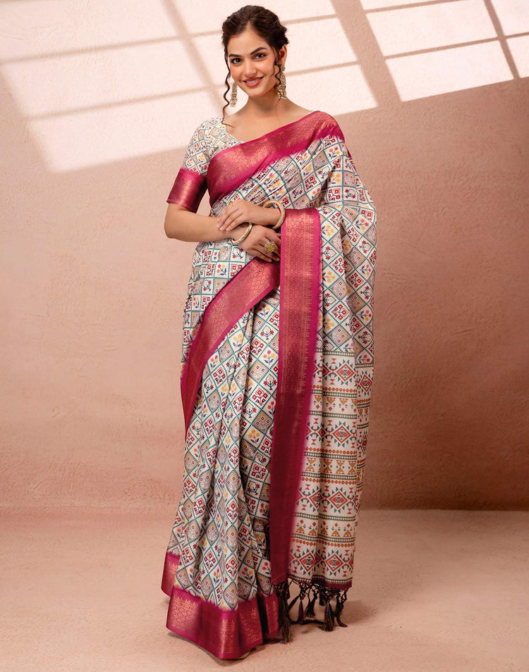 Off White Silk Printed Woven Border Saree