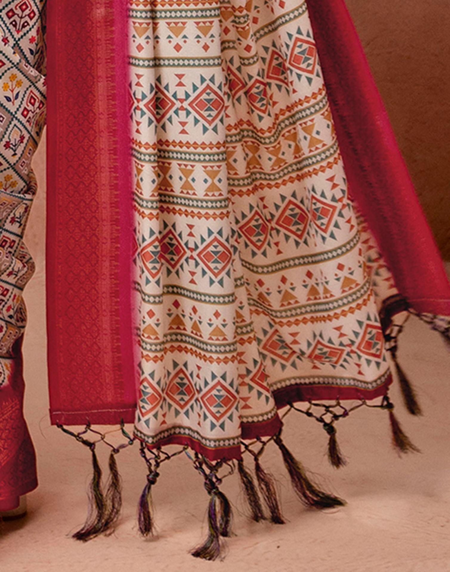 Off White Silk Printed Woven Border Saree
