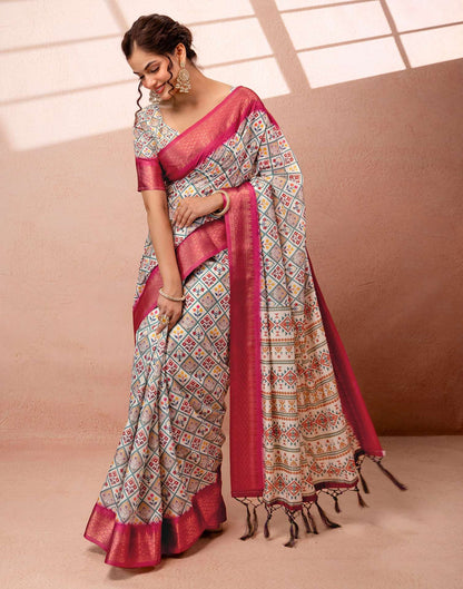 Off White Silk Printed Woven Border Saree